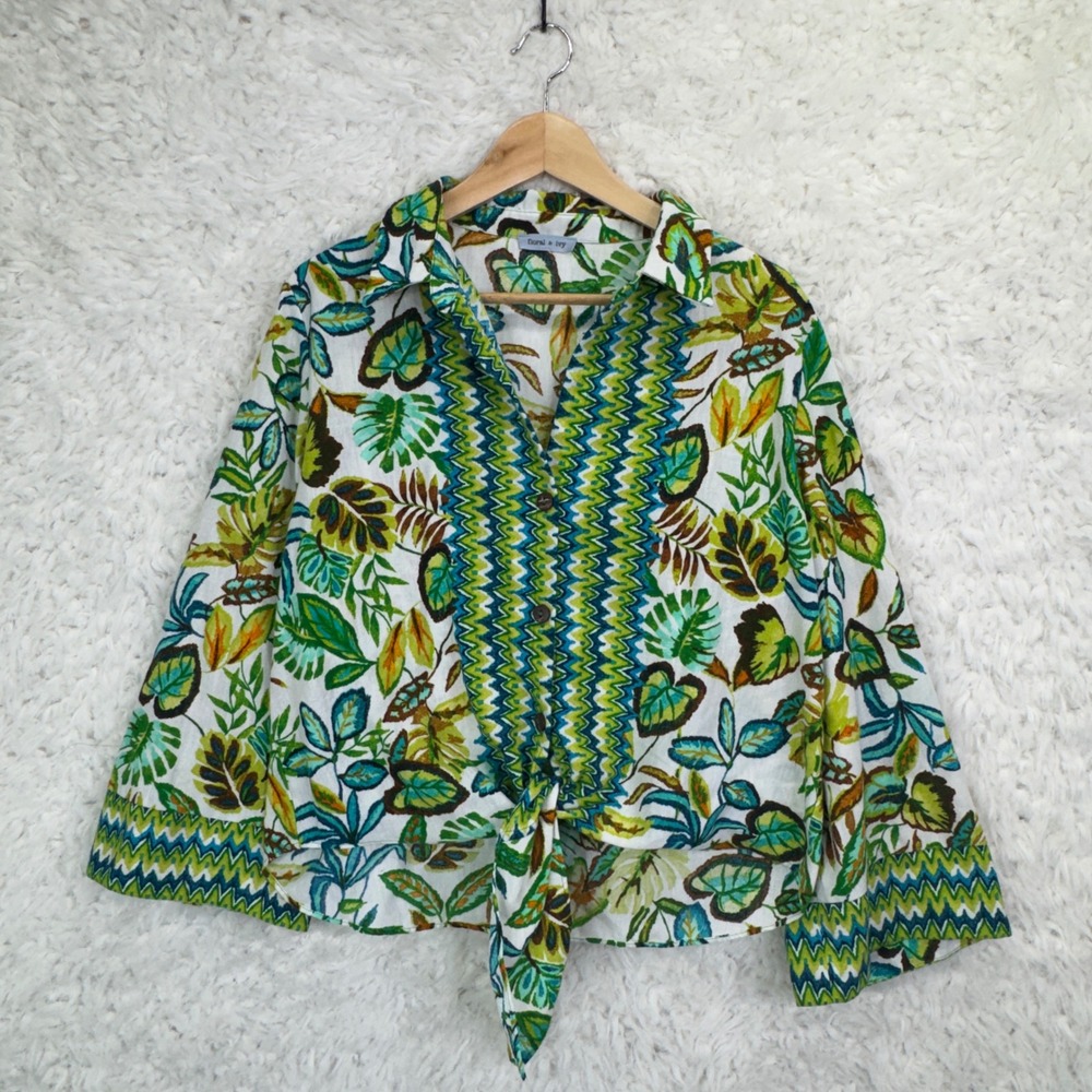 Floral & Ivy Tropical Tie Front Blouse Green Blue Floral Boho Resort Top